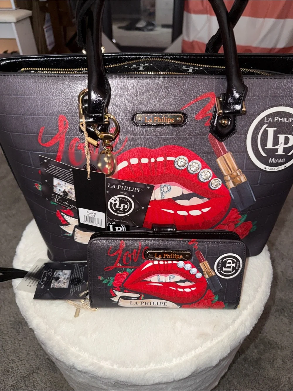 Black Tote with Red Lip Print and Matching Wallet